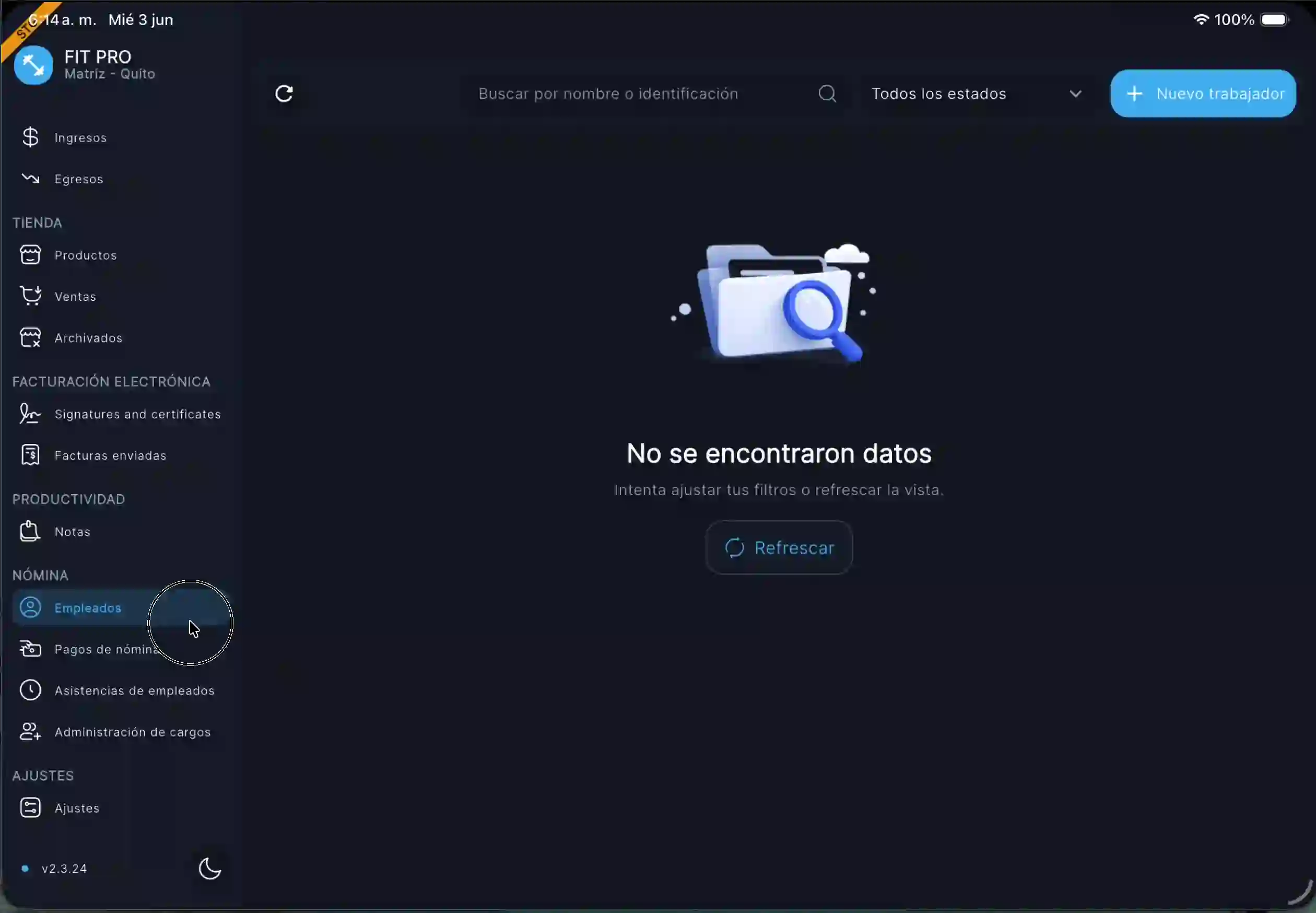 Pantalla inicial de empleados