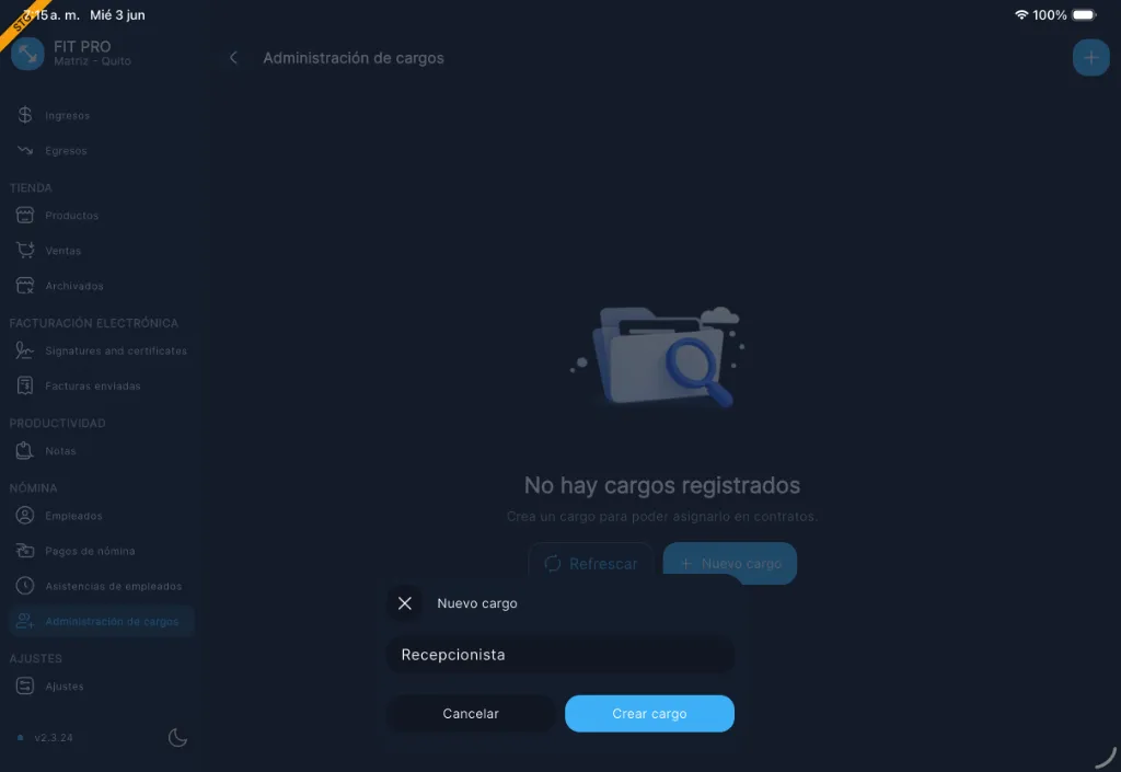 Administrar cargos y crear uno nuevo