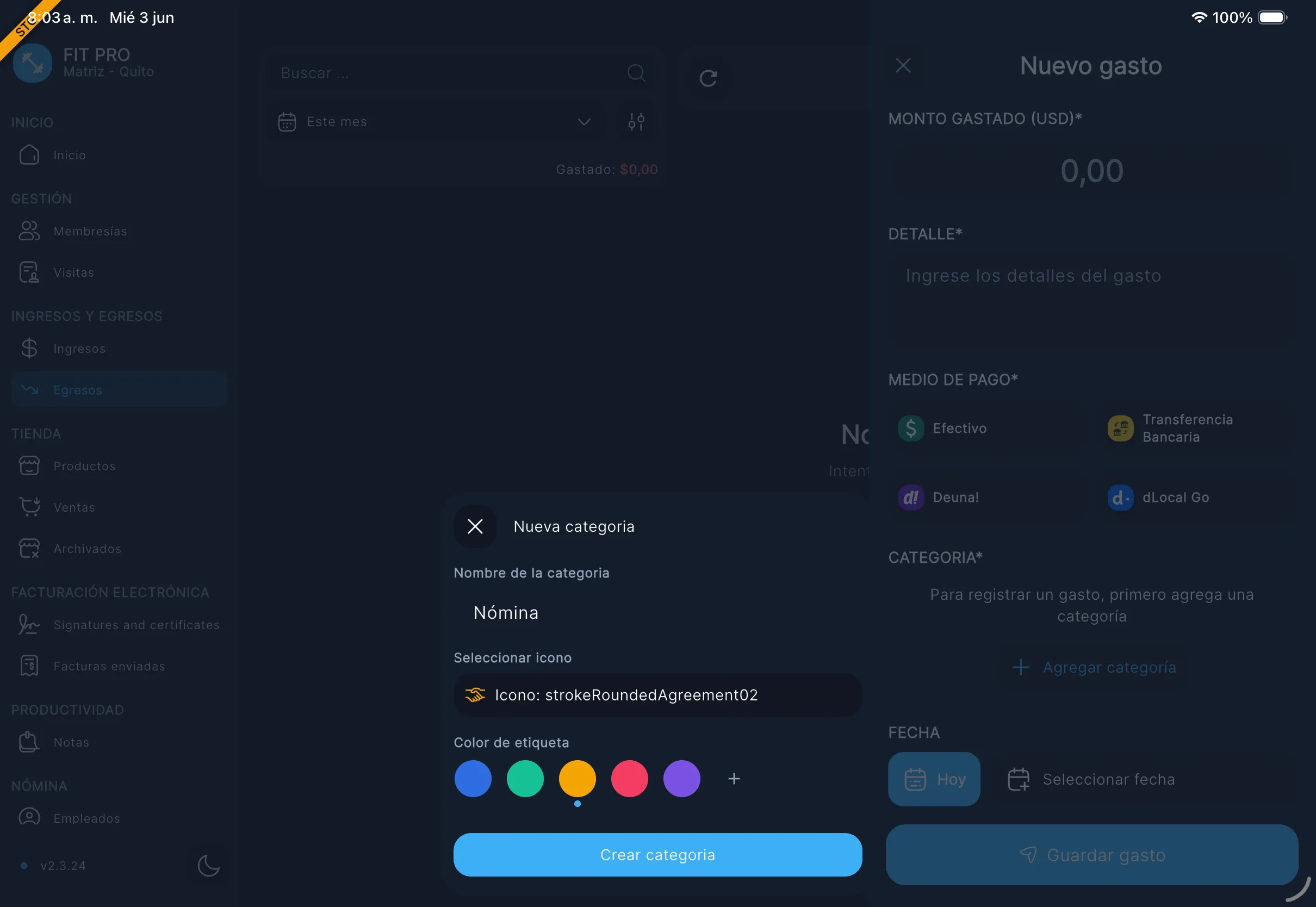 Formulario de nueva categoría con detalles y color