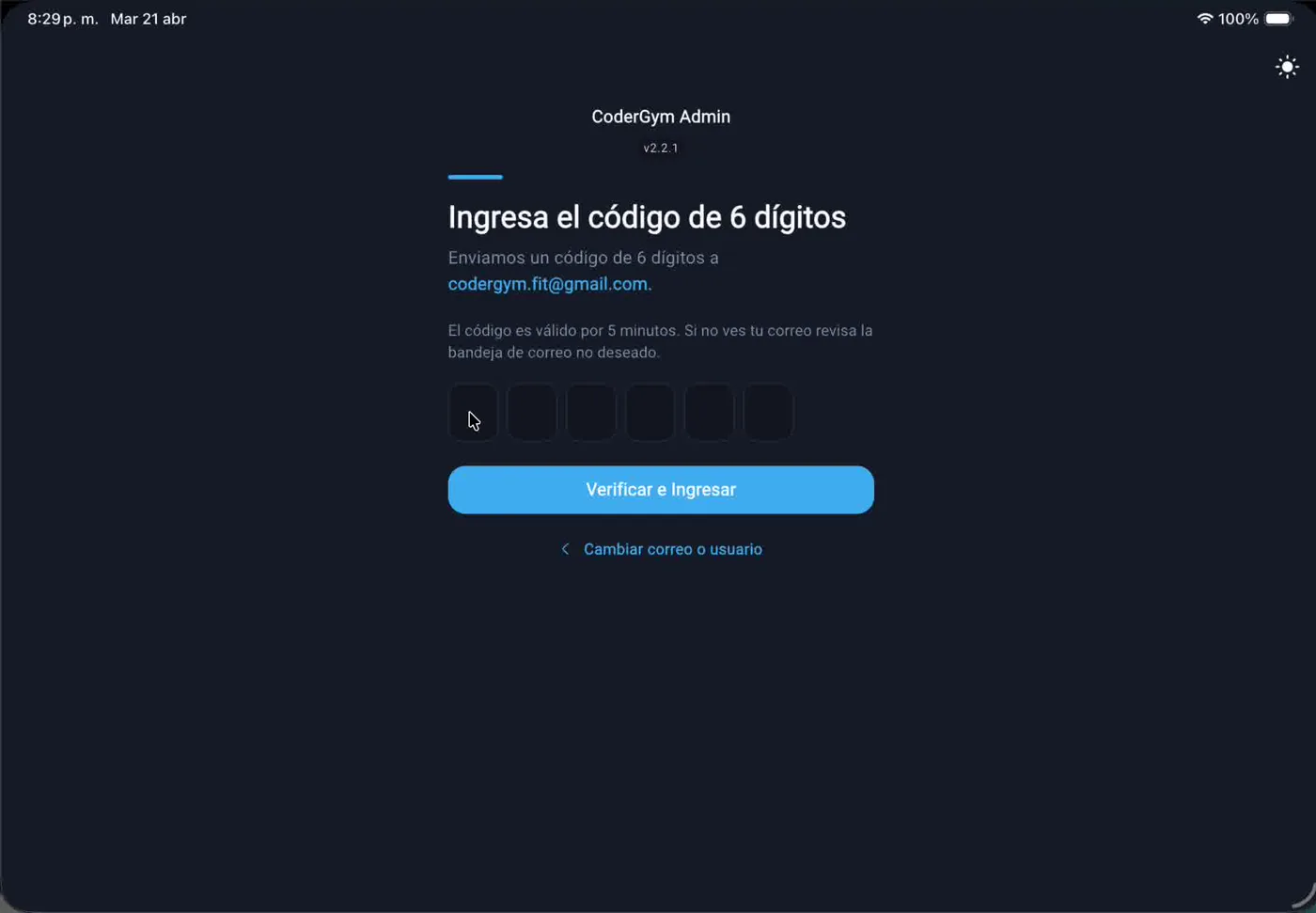 Ingresar código de 6 dígitos y verificar