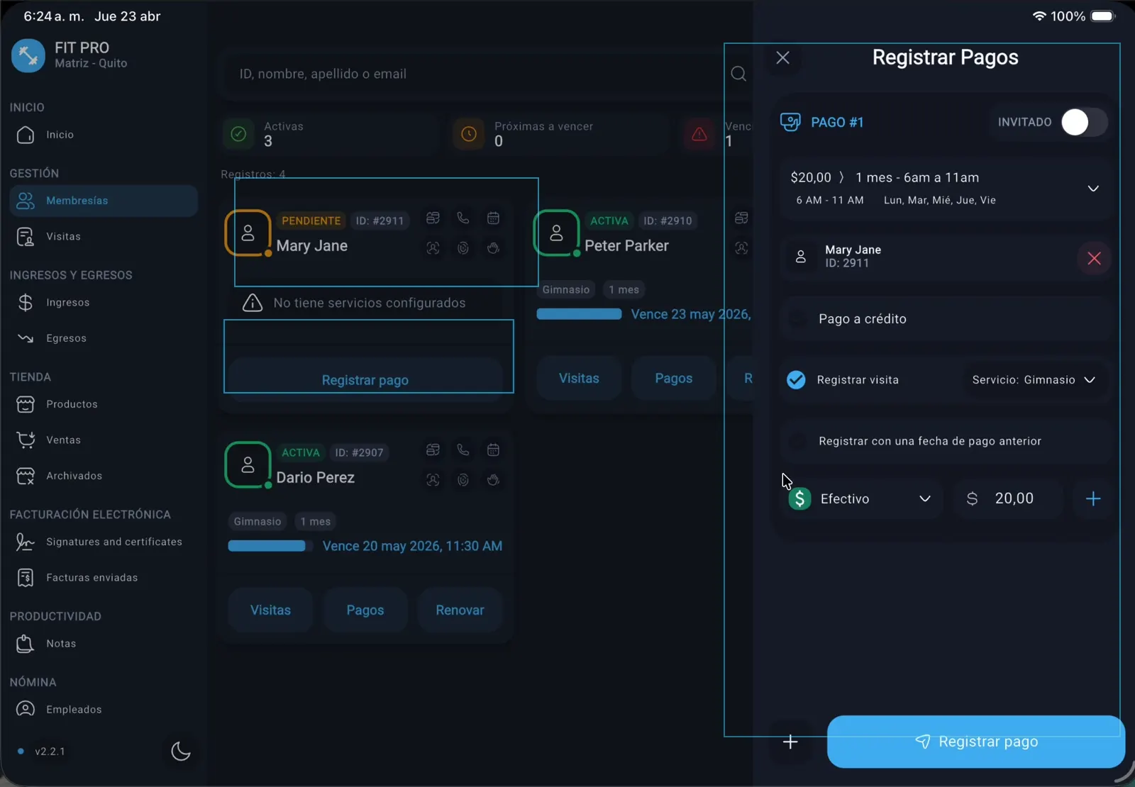 Cliente pendiente y panel Registrar Pagos abierto