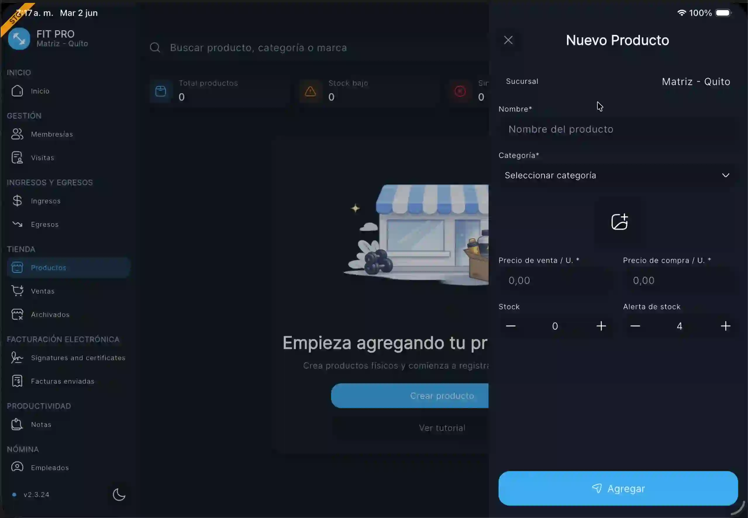 Formulario de nuevo producto vacío
