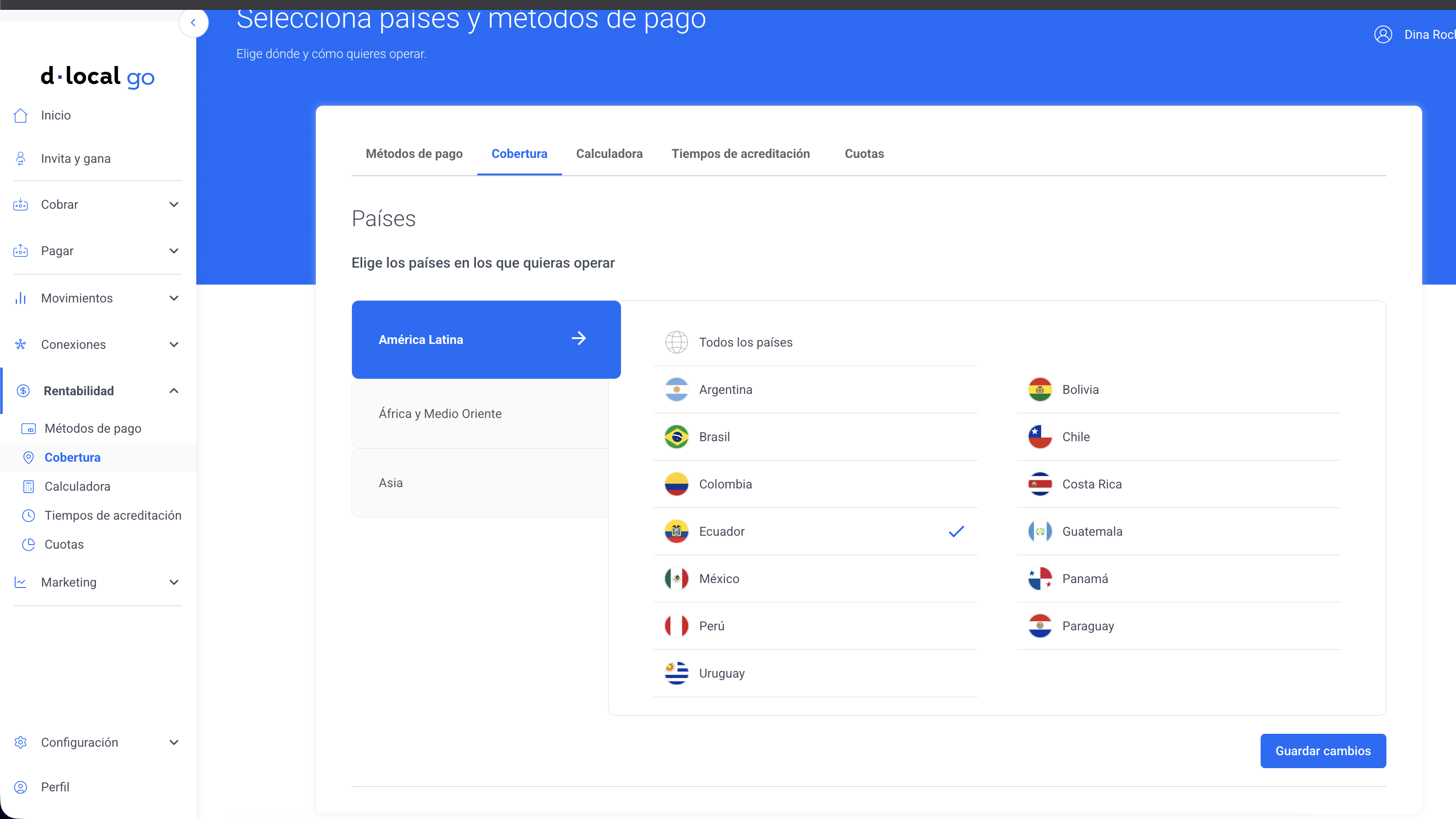 Seleccionar el país de cobertura en dLocal Go